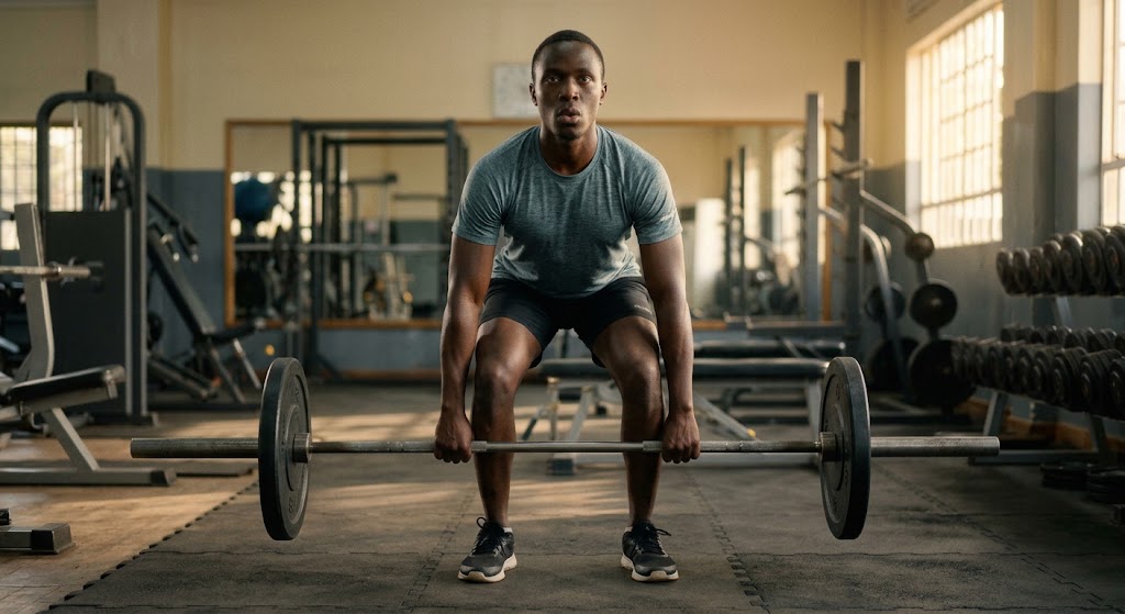 A lifter stands tall with excellent posture and a braced core after successfully completing a deadlift repetition, demonstrating a safe lockout.