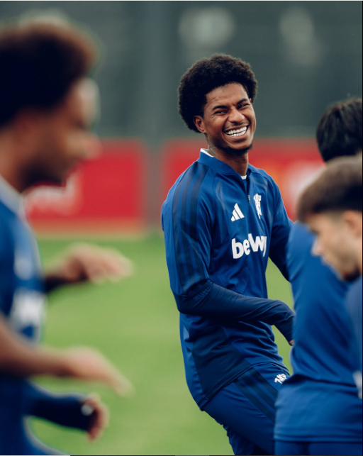 Manchester United forward Marcus Rashford in training with teammates ahead of a UEFA Champions League encounter with Sabah on Thursday, September 10, 2026. PHOTO/https://www.facebook.com/manchesterunited/photos