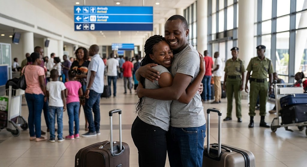 A couple embraces joyfully upon reconnecting at the airport.