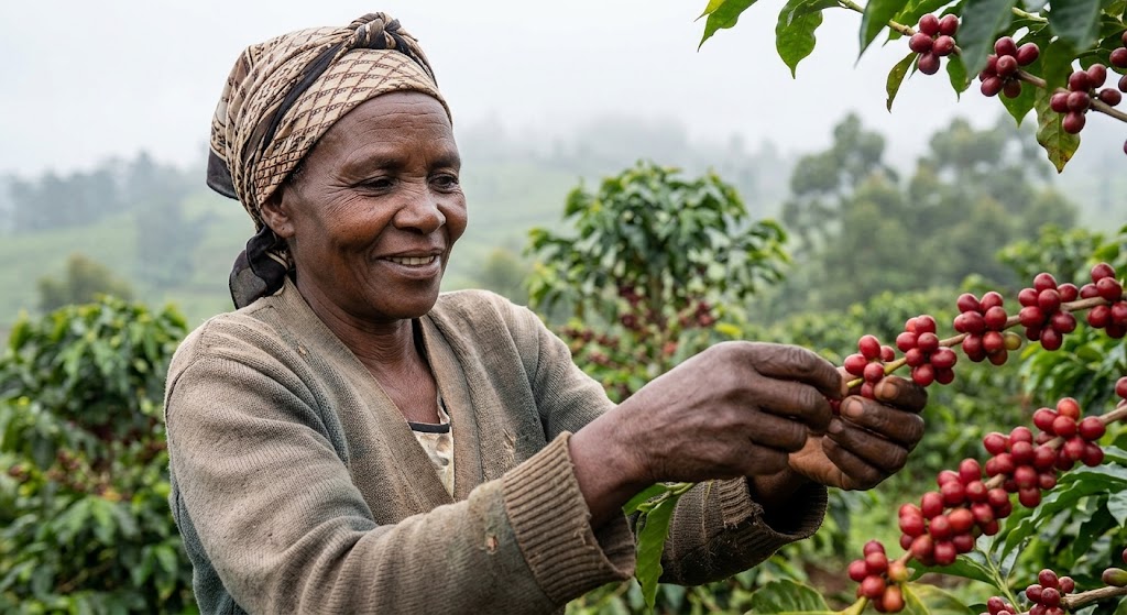 A farmer hand-picks ripe red coffee cherries on a high-altitude farm.