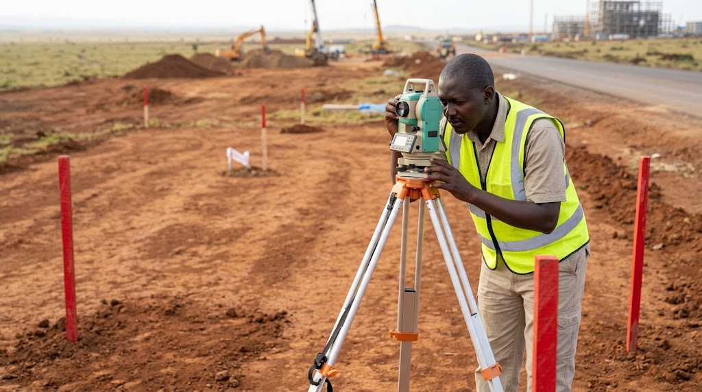 A registered surveyor verifies the precise boundaries of a new parcel of land before development begins.