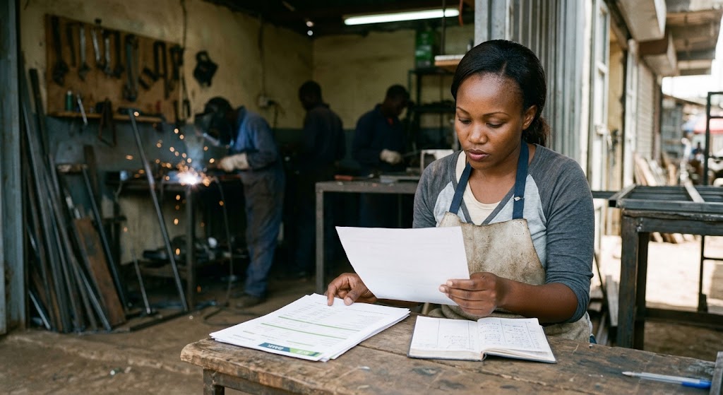 An entrepreneur in a workshop diligently reviews her financial records and ledger.