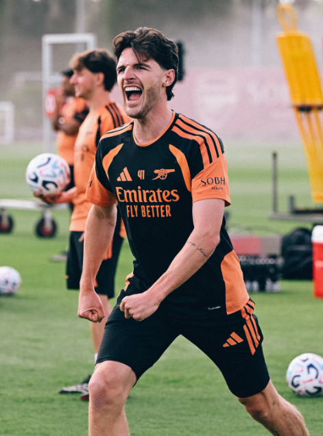 Arsenal's midfielder Declan Rice in training ahead of Chelsea clash on Sunday, September 6, 2026 at the Emirates Stadium. PHOTO/https://www.facebook.com/Arsenal/photos