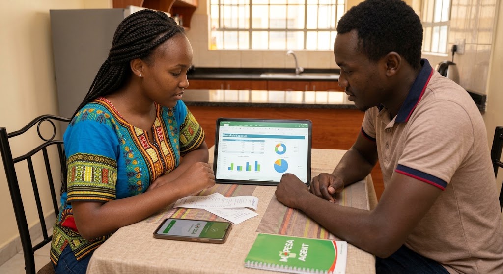 Two roommates using a spreadsheet and an MPESA confirmation on a phone to track shared expenses.