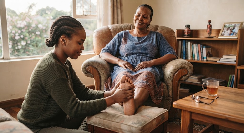 A woman getting some foot rub from her daughter.