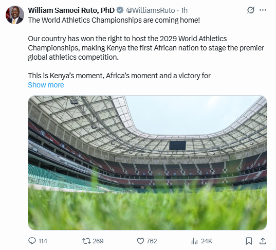 Statement of President William Ruto after Nairobi won the bid to host the 2029 World Athletics Championships. PHOTO/Screengrab by K24 Digital/@WilliamsRuto