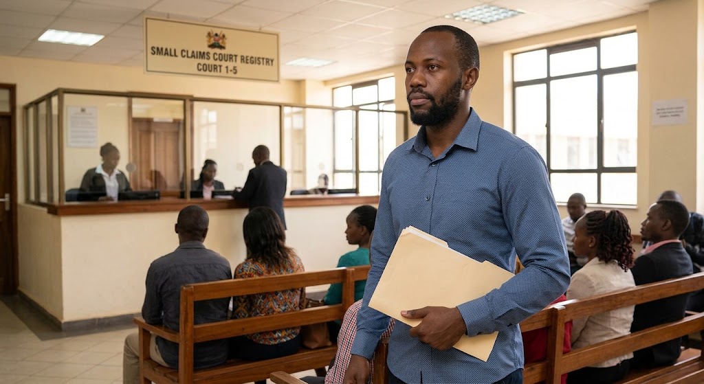 A tenant waits outside a Small Claims Court registry.