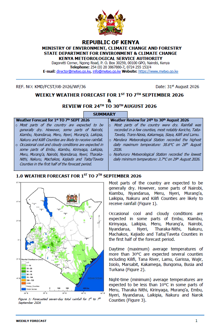 Post by Kenya Met Department. PHOTO/Screengrab by K24 Digital from https://meteo.go.ke/our-products/7-days-forecast/