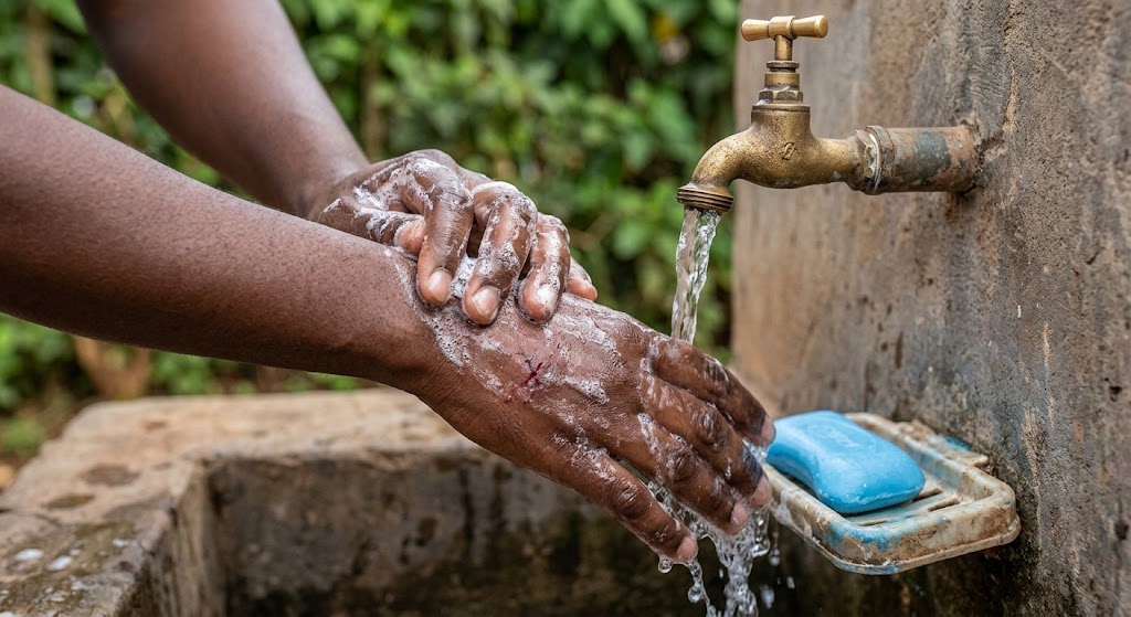 Hands thoroughly scrubbing a fresh wound with blue soap and running water from an outdoor tap.