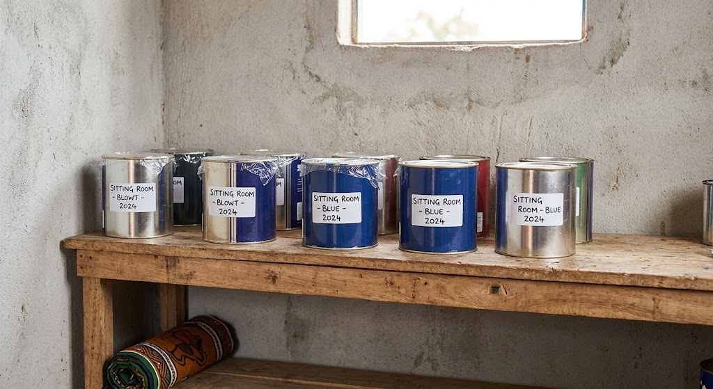 Sealed paint tins are stored on a raised wooden shelf in a cool, dry storeroom.
