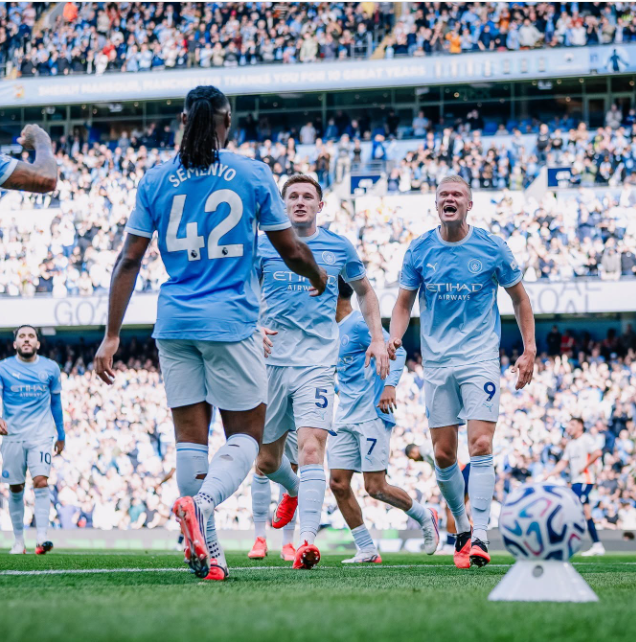 Erling Haaland (9) celebrates his goal with Antoine Semenyo against Coventry City on Saturday, September 5, 2026 at the Etihad Stadium. PHOTO/https://www.facebook.com/mancity/photos