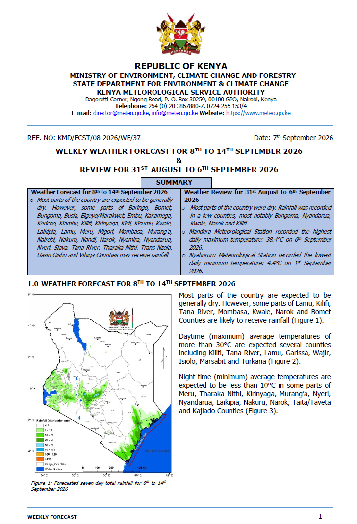 Post by Kenya Met Department. PHOTO/Screengrab by K24 Digital from https://meteo.go.ke/our-products/7-days-forecast/