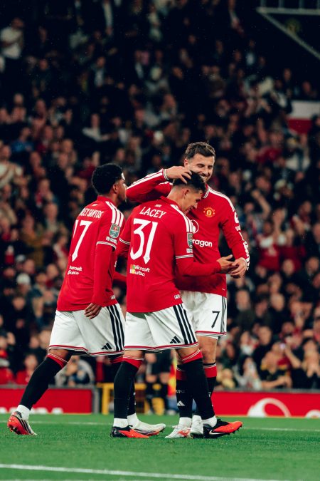 Shea Lacey celebrates after scoring his first senior goal against Brighton. PHOTO/@ManUtd/X