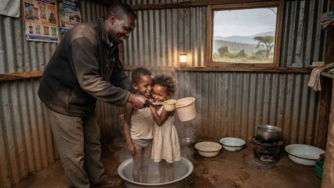 A man showering his children during cold weather.