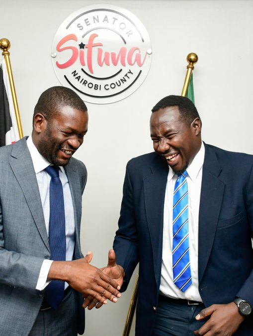 Edwin Sifuna with Willis Raburu exchanging greetings after their meetin on September 29,2026. PHOTO/@willisraburu/Instagram