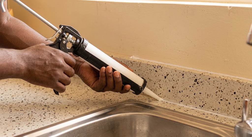 Hands sealing a gap under a kitchen sink with silicone sealant.