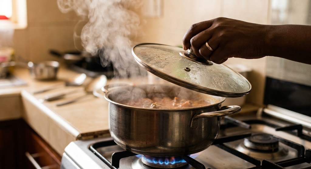 A hand uses a fork to mash cooked potatoes in a bowl.