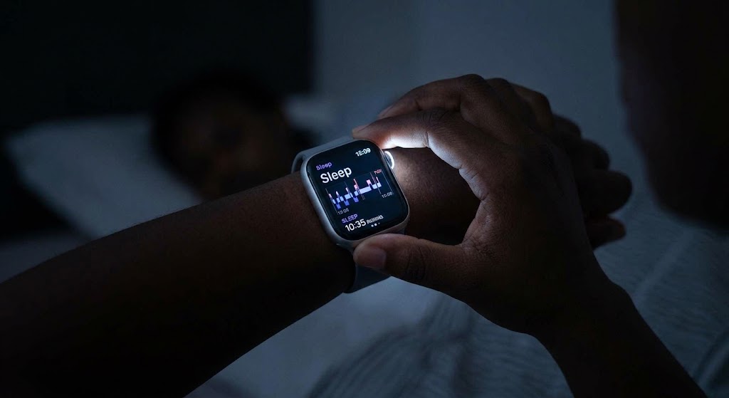 A user's hand wearing a smartwatch that illuminates a dark bedroom with sleep data.