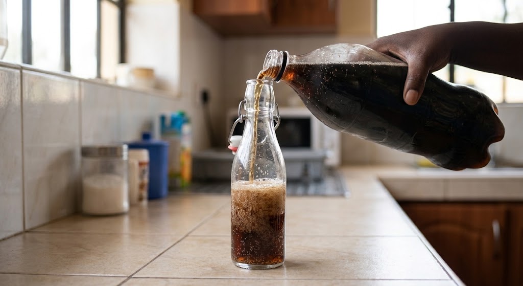 A hand pouring flat soda into a smaller, airtight glass bottle to preserve carbonation.