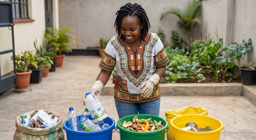 A resident sorts everyday household waste into simple, colour-coded buckets.
