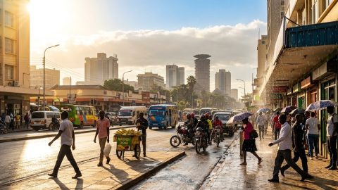 Nairobi street showing sunny conditions and light showers during the 5-day weather forecast.