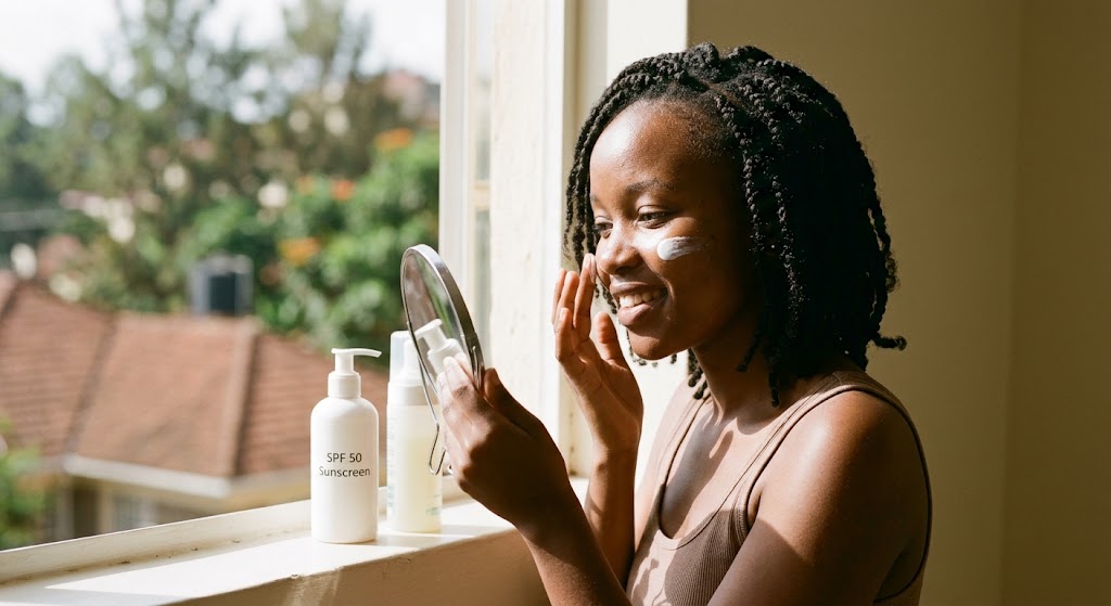 A young woman applies sunscreen as part of her simplified daily routine.