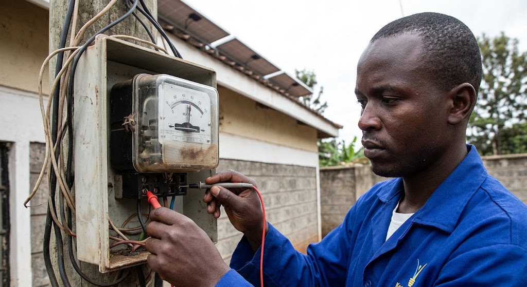 A technician inspects a residential meter, where an old analog dial is spinning backward due to unauthorized solar export.