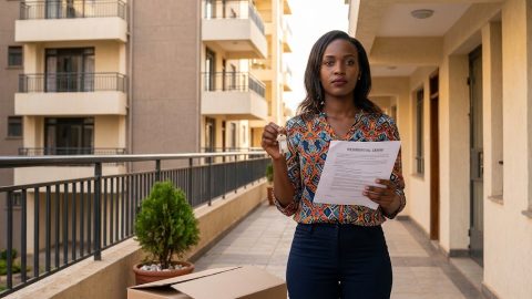 A female tenant stands outside a modern apartment, holding a lease document and house keys, with a resolved expression.