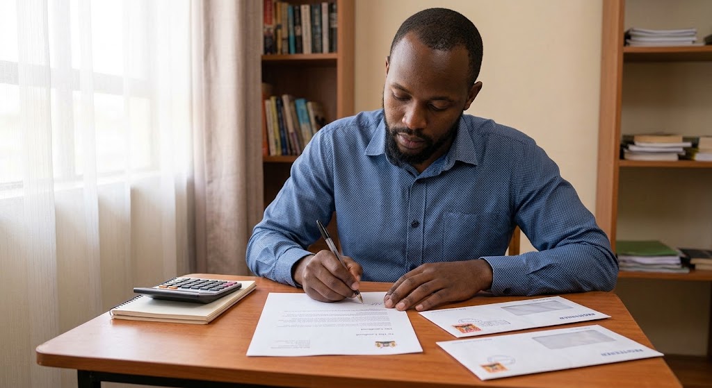A tenant formally signing a written demand letter at a desk in a residential setting.