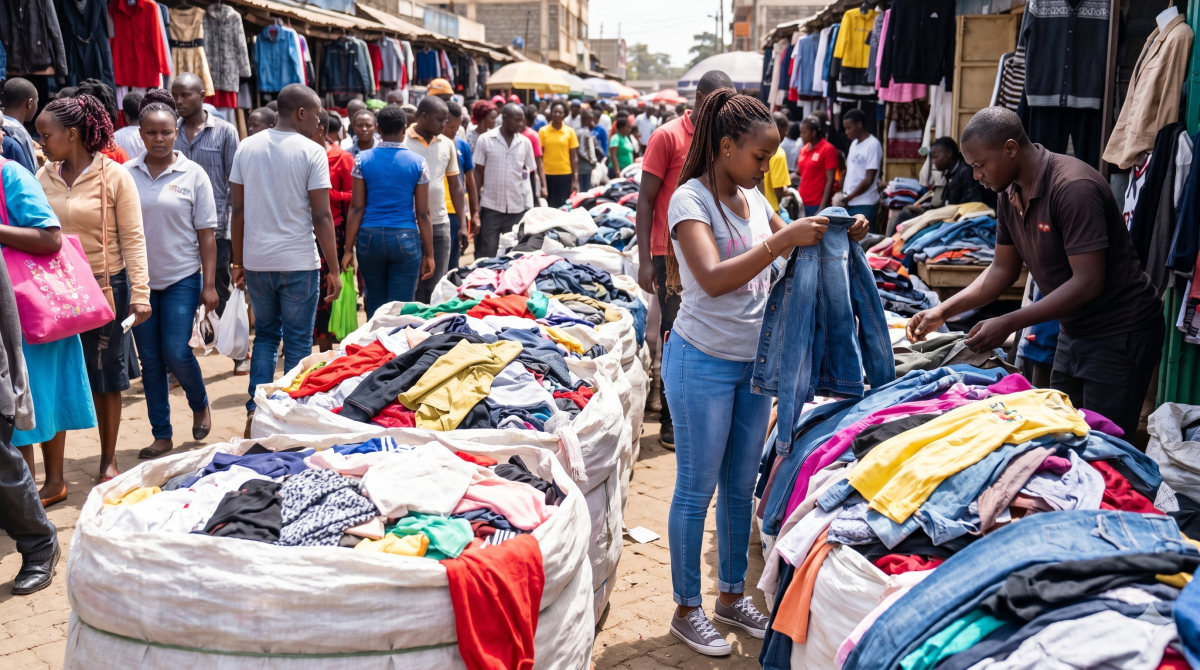 A lady does mitumba shopping at a thrift market.