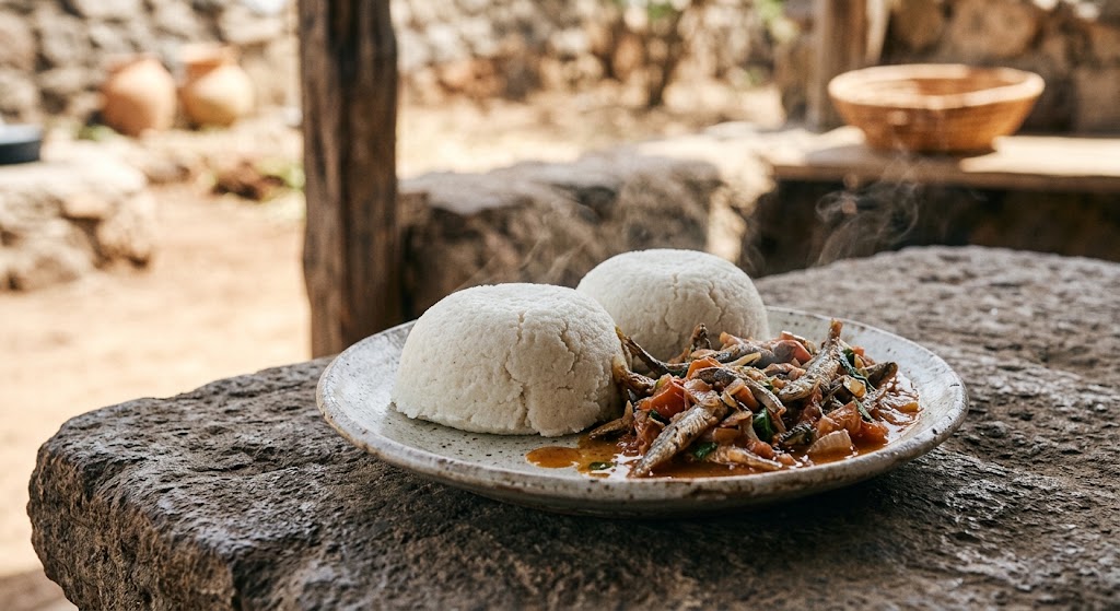 A plate of Ugali served with omena
