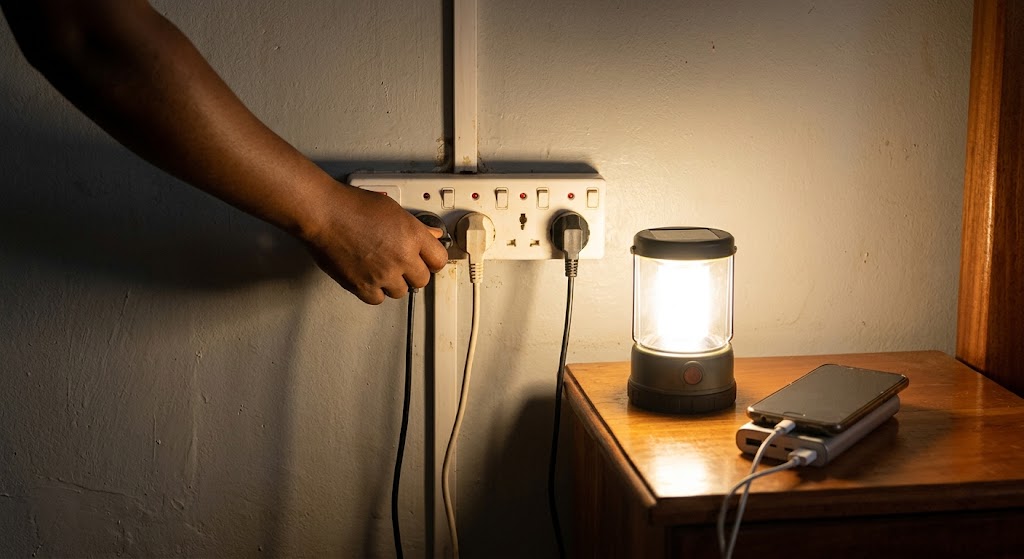 A hand proactively unplugs sensitive electronics from a surge protector before a lantern provides alternative lighting.