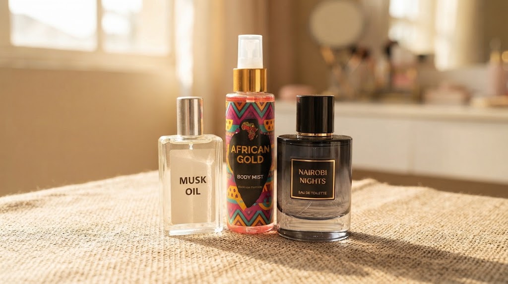 A stylish product flat-lay featuring diverse fragrance bottles - ranging from affordable oils to branded mists - resting on a textured, woven kikoy fabric surface.