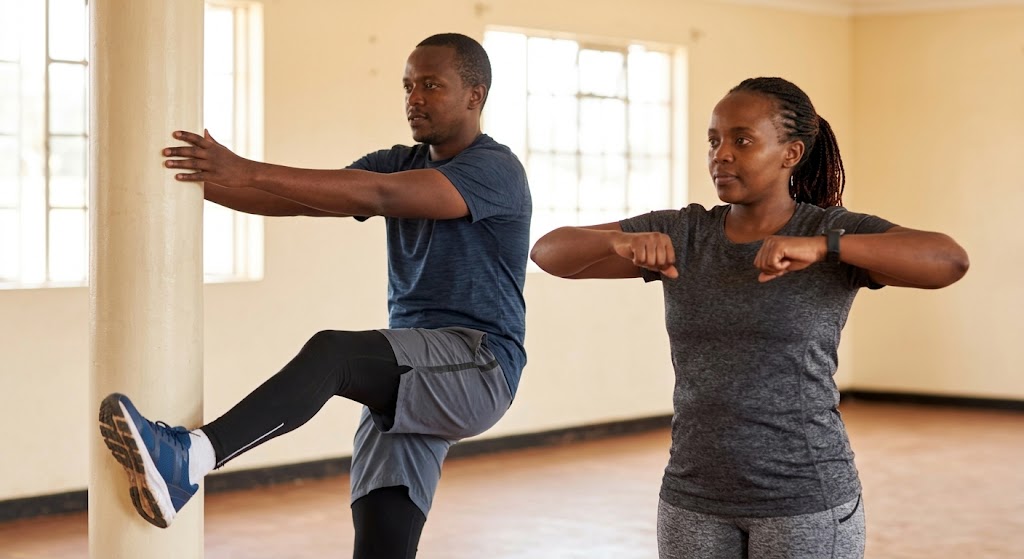 People practicing dynamic leg swings and arm circles indoors.