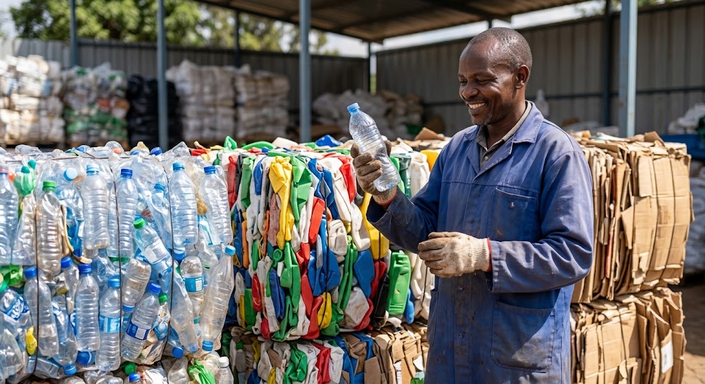 A waste processor stands beside bales of different plastics, which are valuable resources made manageable by source sorting.