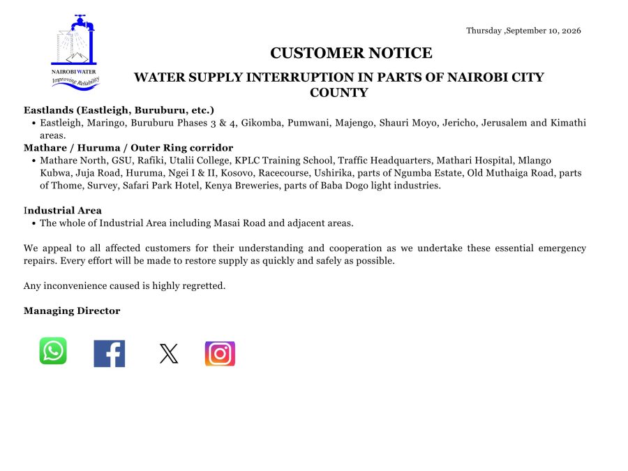 Areas affected with water interruption. PHOTO/@NairobiWater/X