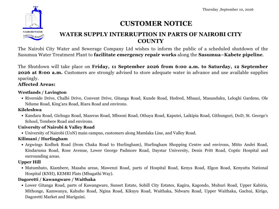 Areas affected with water interruption. PHOTO/@NairobiWater/X
