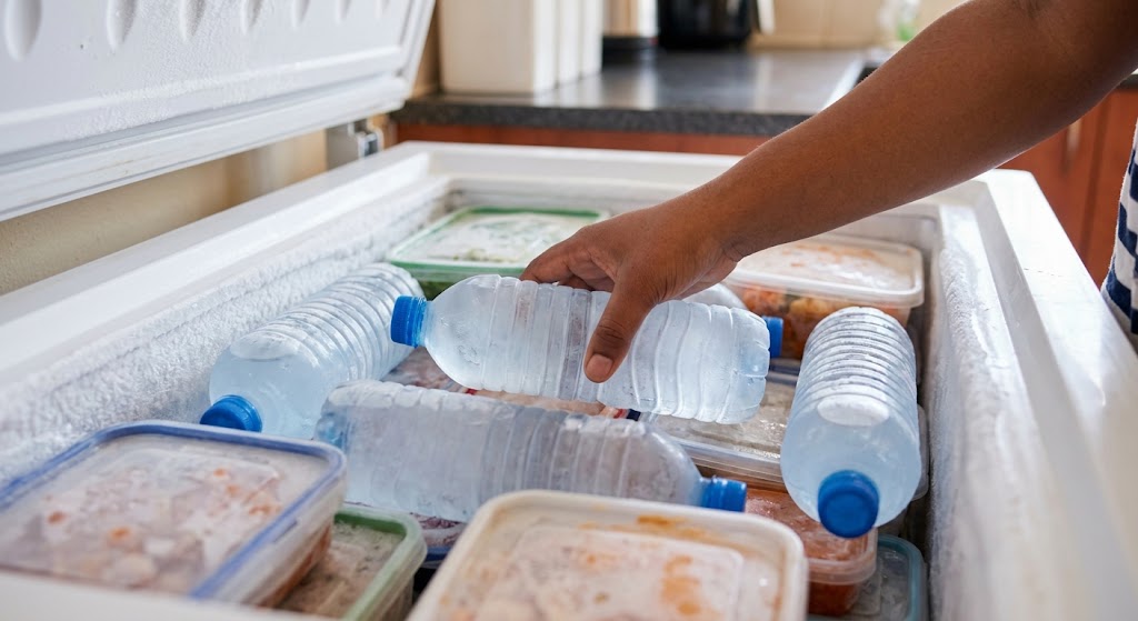 Frozen water bottles serve as crucial thermal ballast inside a tightly packed home freezer.