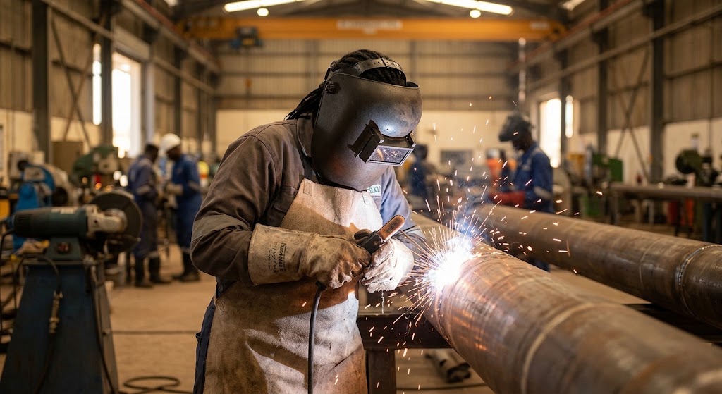A welder joins industrial piping in a fabrication workshop.