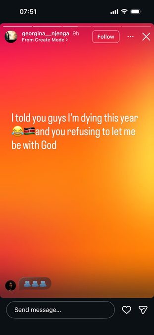 A post shared by Georgina Njenga on Instagram stories. PHOTO/Screengrab by K24 Digital