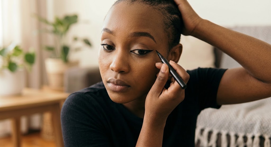 A woman applies eyeliner in a cosy interior, carefully stabilising her face with her fingers.