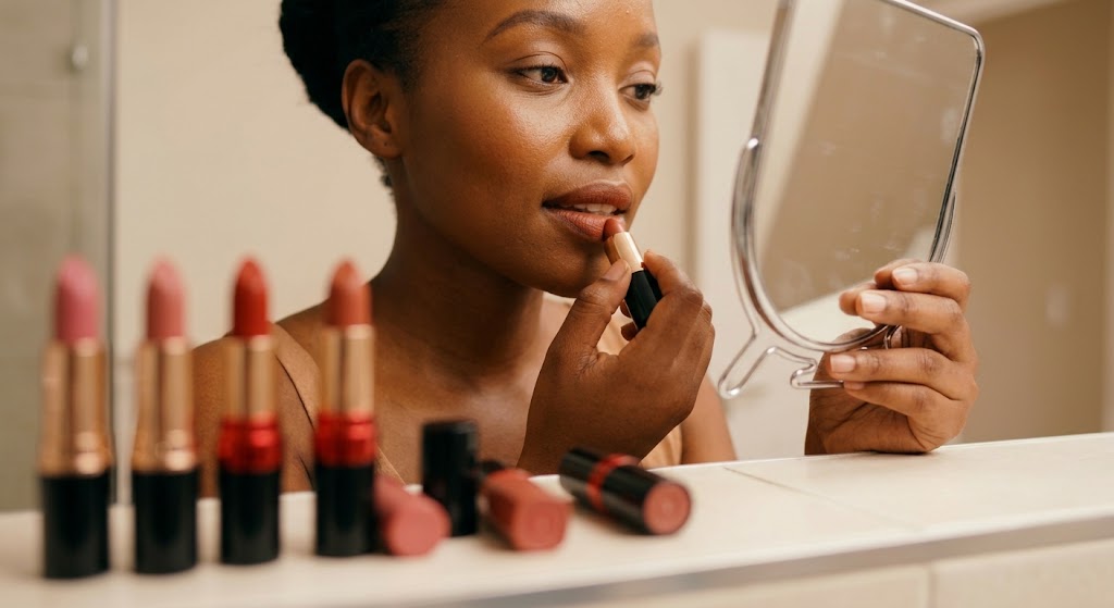 A woman applying a terracotta-toned lipstick in front of a hand mirror, surrounded by other lipstick choices.