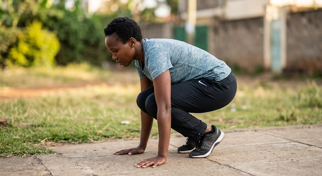 A woman demonstrating the correct initial squat position before jumping back.