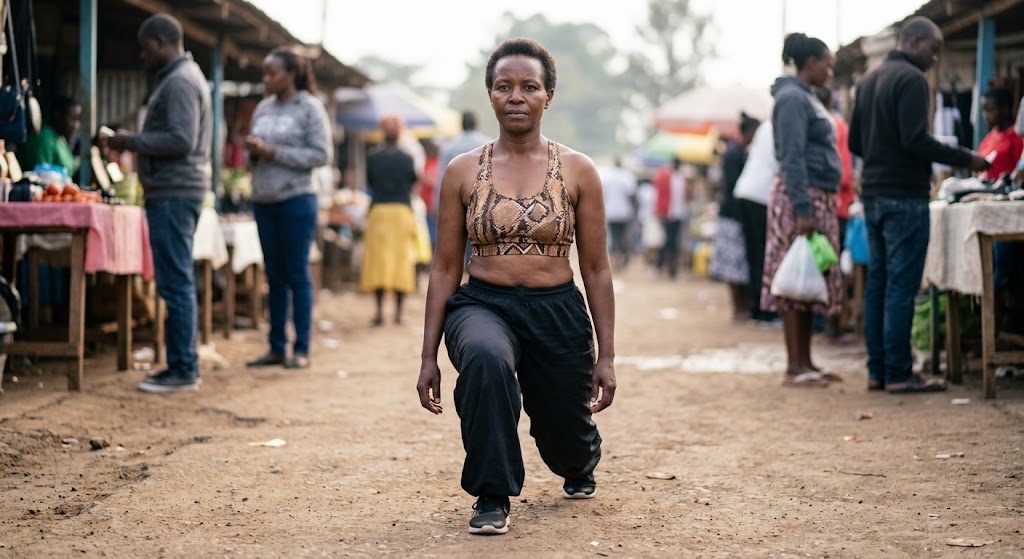 A woman maintains an upright torso while holding a lunge.