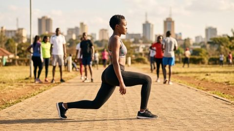 A woman demonstrates perfect lunge form while exercising outdoors.