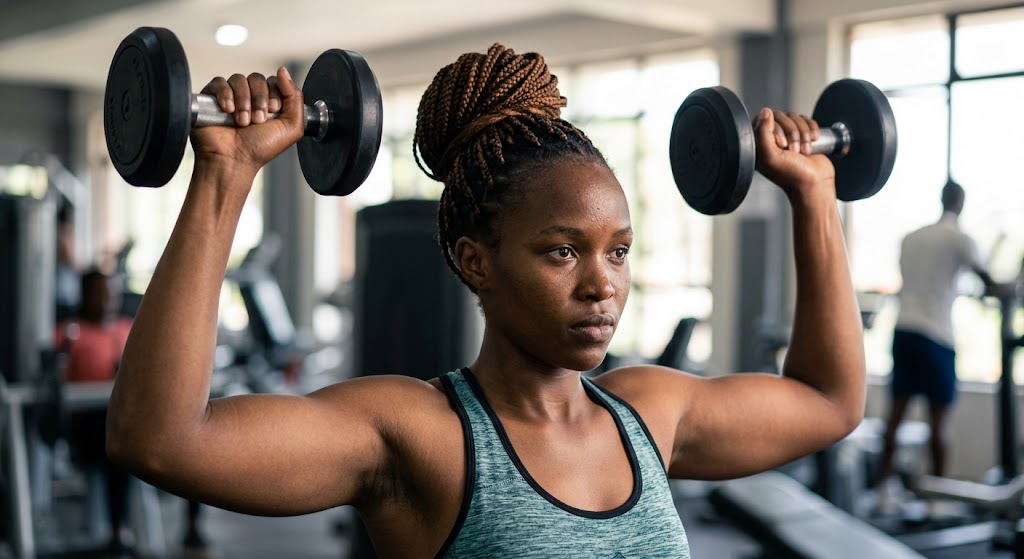 A determined woman performing a dumbbell shoulder press.