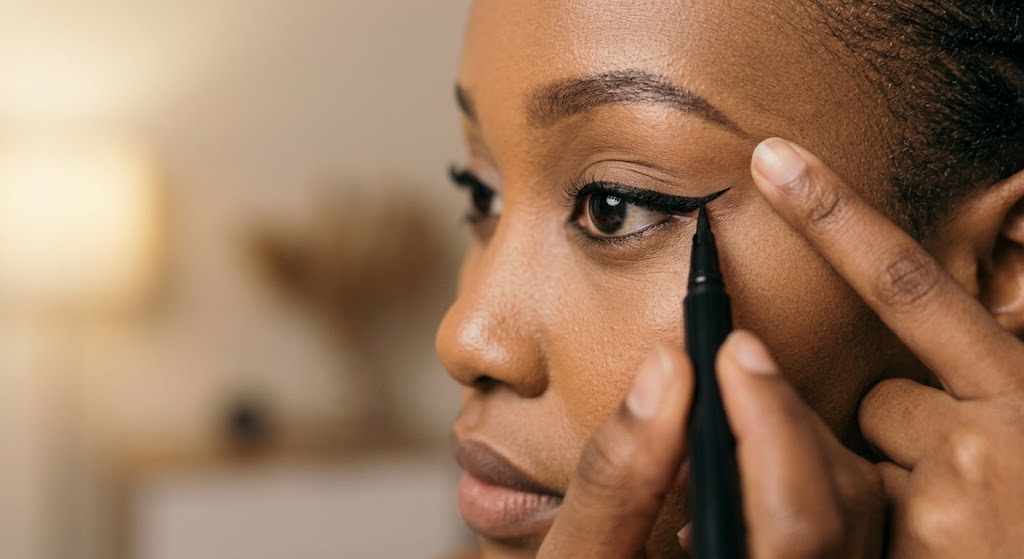 A woman carefully mapping the wing angle without tugging her skin.