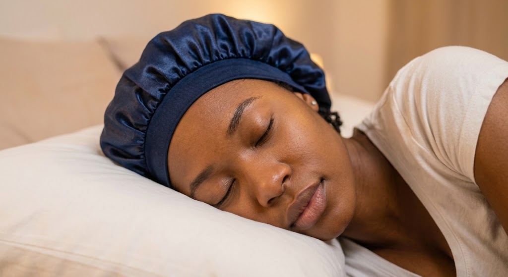 Close-up of woman sleeping wearing a fitted bonnet.