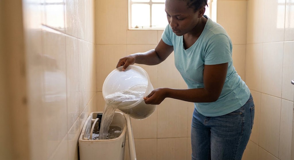 A woman uses a bucket of collected laundry water to flush a household toilet.