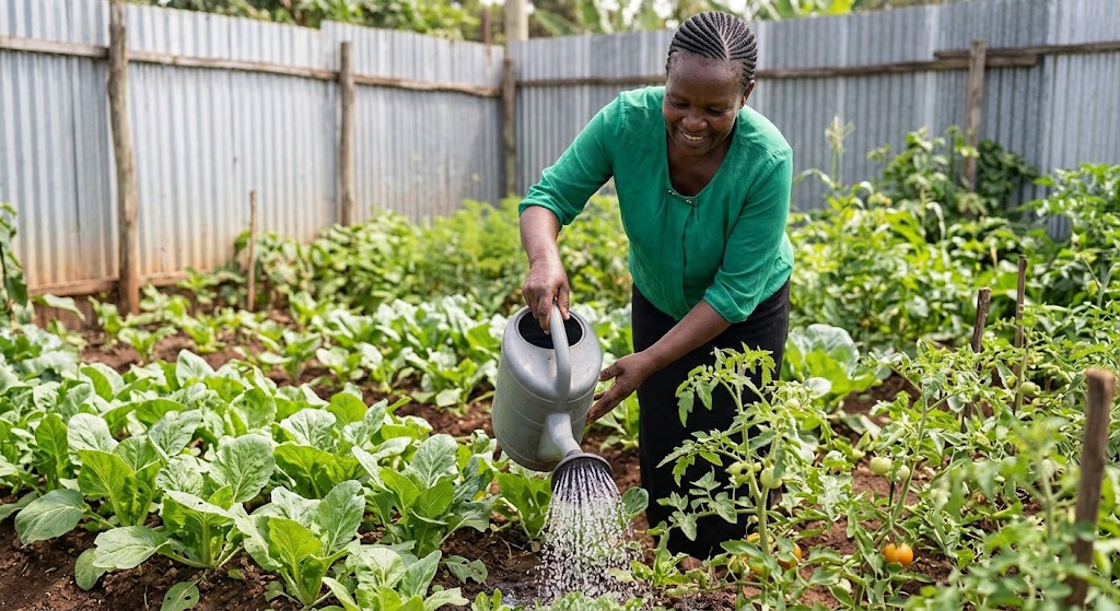 A woman smiles while watering her vegetable garden using recycled greywater.
